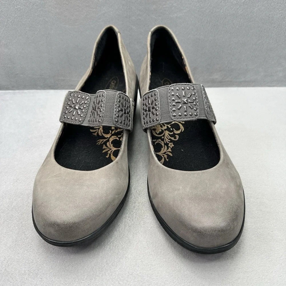 Womens 7.5-8 Aetrex Mia Mary Jane Gray Leather Wedge Arch Support Comfort Shoe‎